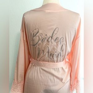 NEW, Plus Size Women's Lace Trim, Silver “Bridesmaid” Embroidered Satin Kimono